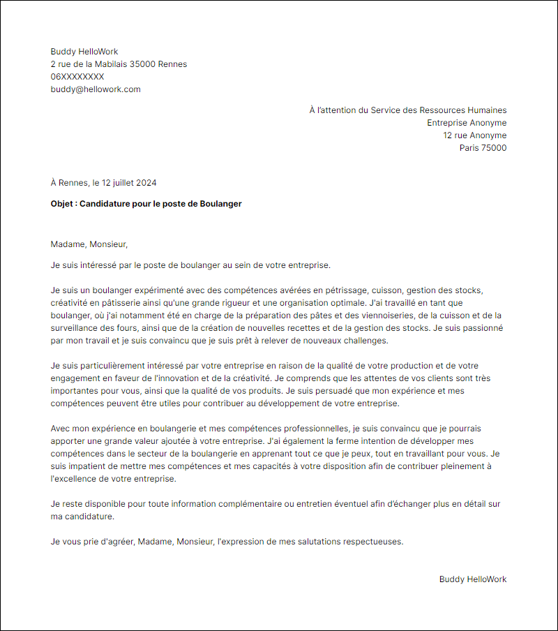 Exemple lettre de motivation pour le secteur Boulangerie