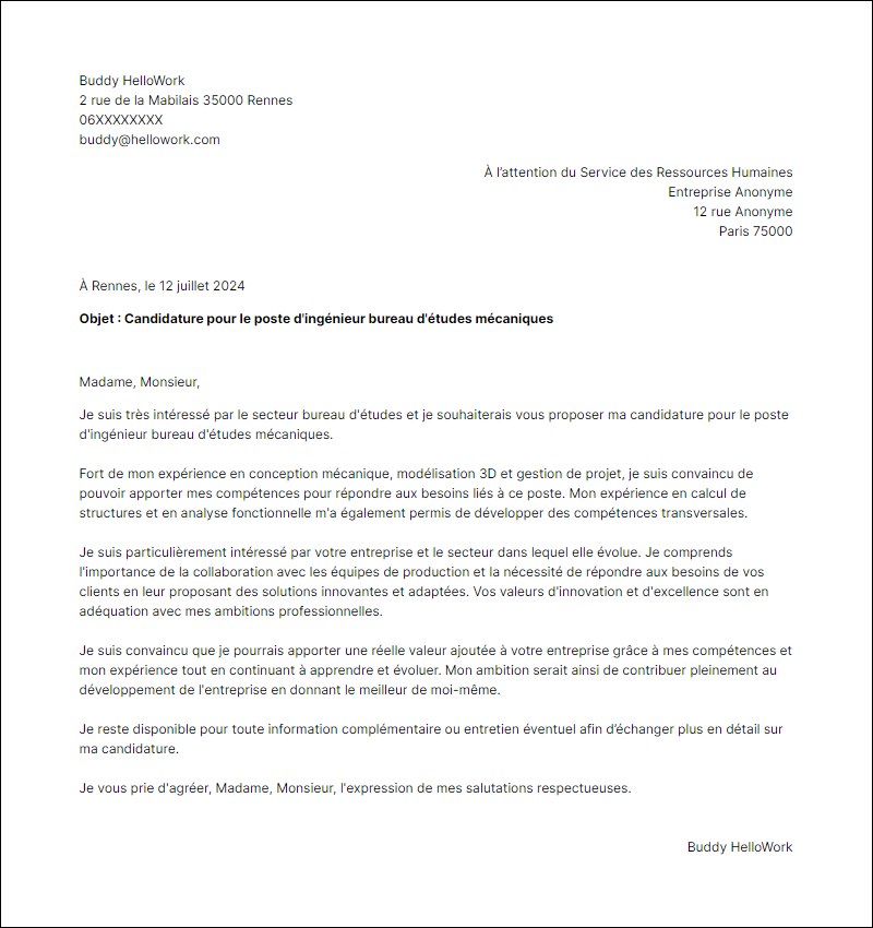 Modèle lettre de motivation pour le secteur Bureau d'étude Exemple lettre de motivation pour le secteur Bureau d'étude