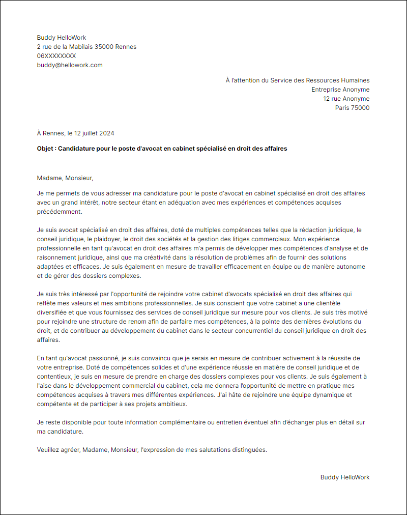 Exemple lettre de motivation pour le secteur Cabinet Avocat