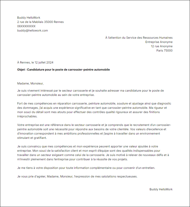 Modèle lettre de motivation pour le secteur Carrosserie Exemple lettre de motivation pour le secteur Carrosserie