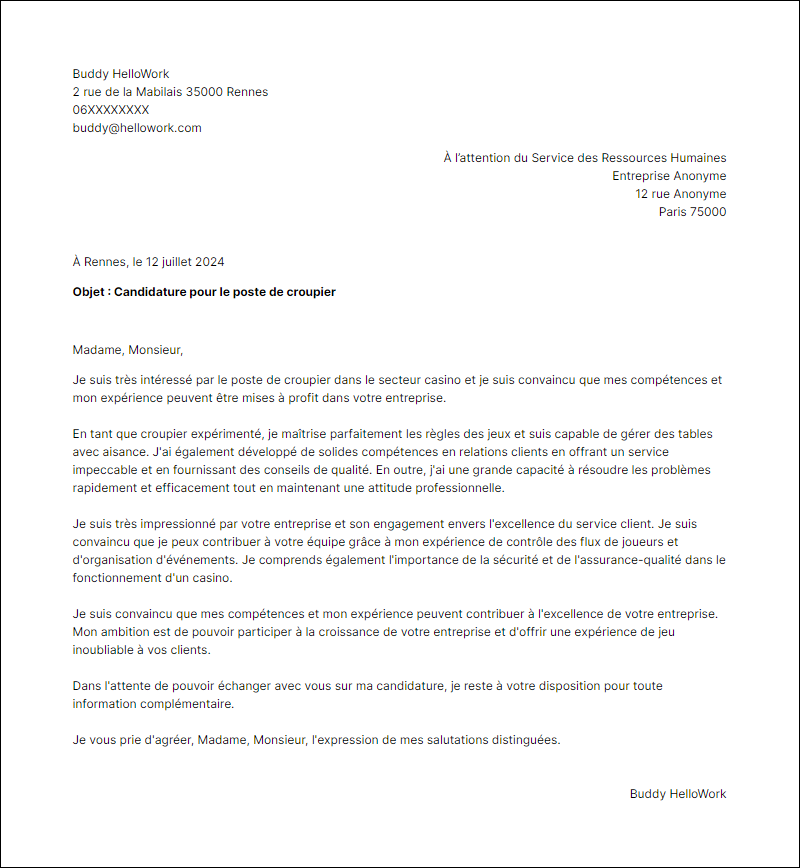 Modèle lettre de motivation pour le secteur Casino Exemple lettre de motivation pour le secteur Casino
