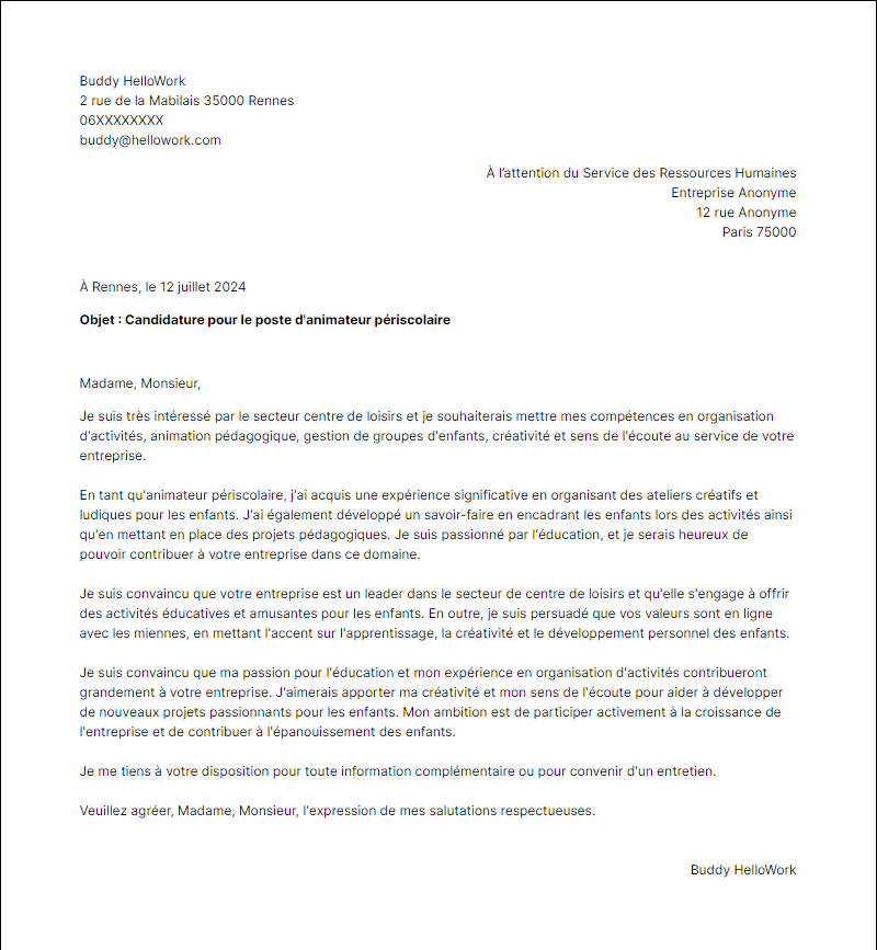 Exemple lettre de motivation pour le secteur Centre de loisirs