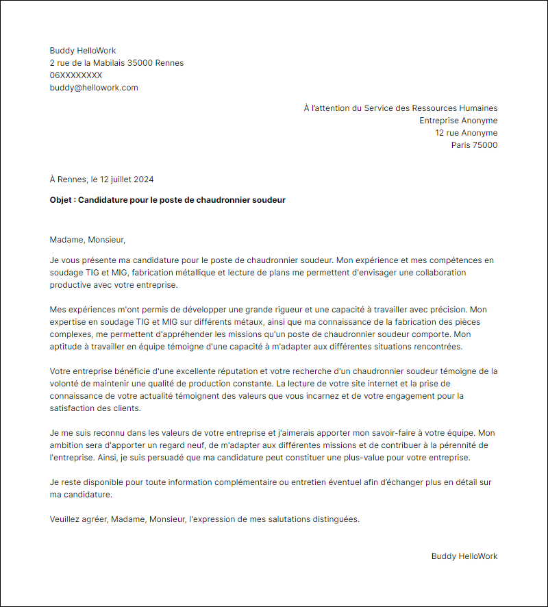 Exemple lettre de motivation en tant que Chaudronnier soudeur