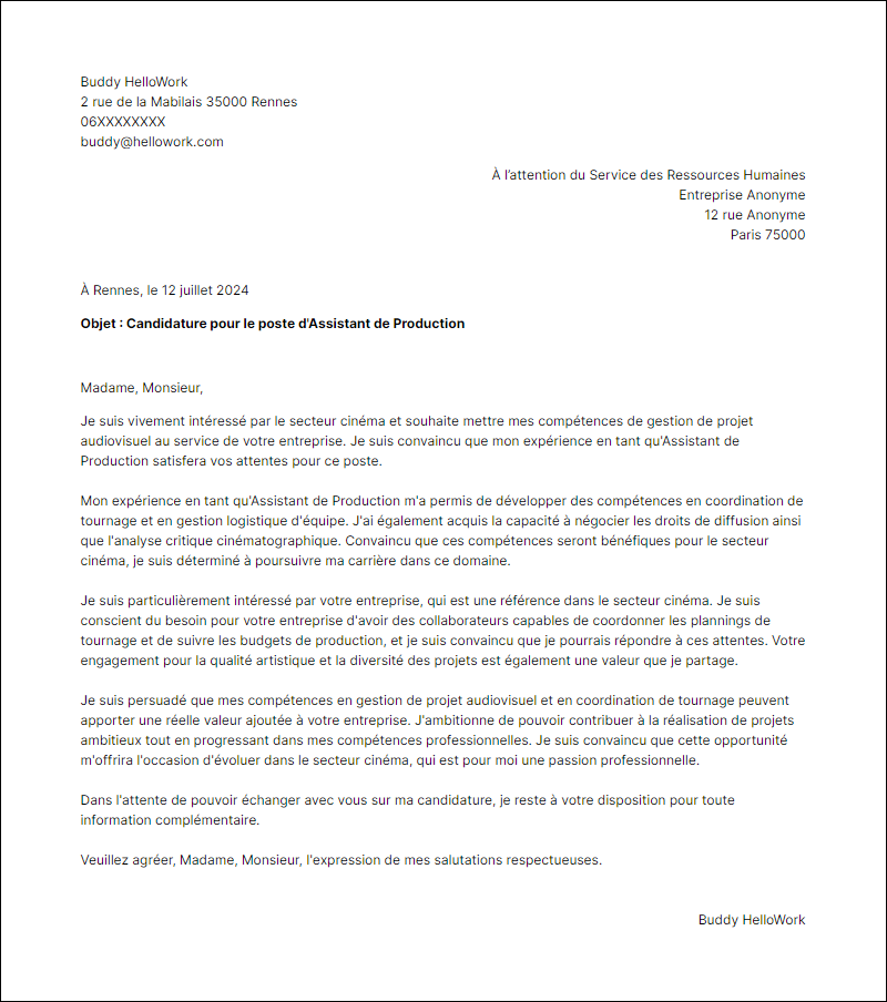 Modèle lettre de motivation pour le secteur Cinéma Exemple lettre de motivation pour le secteur Cinéma