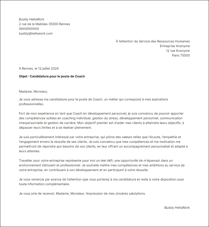 Exemple lettre de motivation en tant que Coach
