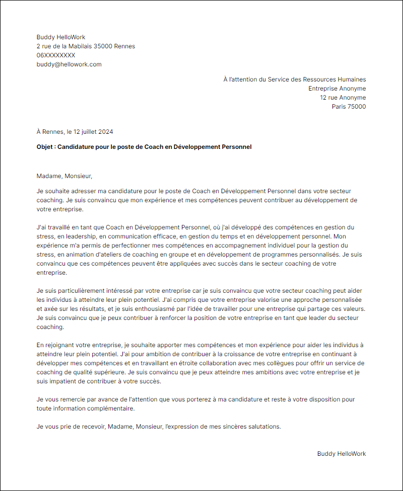 Modèle lettre de motivation pour le secteur Coaching Exemple lettre de motivation pour le secteur Coaching