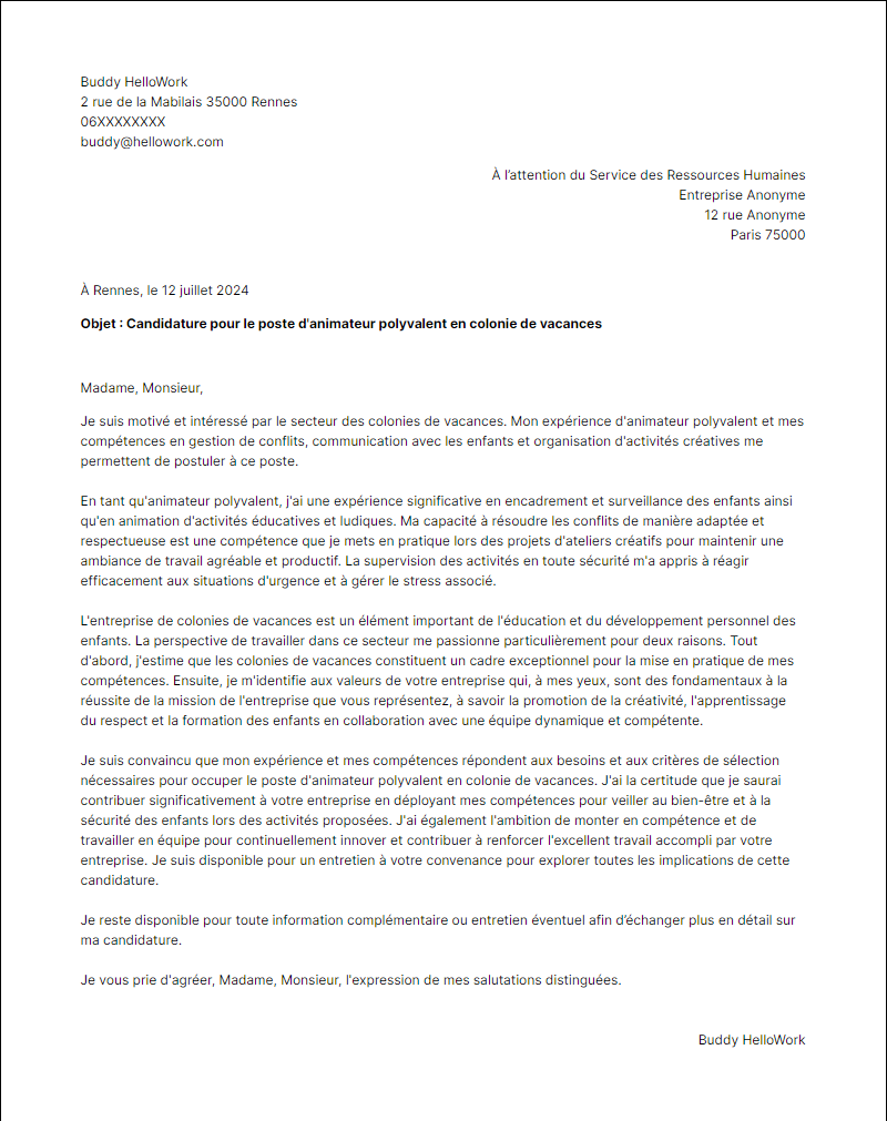 Modèle lettre de motivation pour le secteur Colonie de vacances Exemple lettre de motivation pour le secteur Colonie de vacances