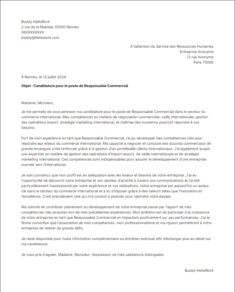 Exemple lettre de motivation pour le secteur Commerce international