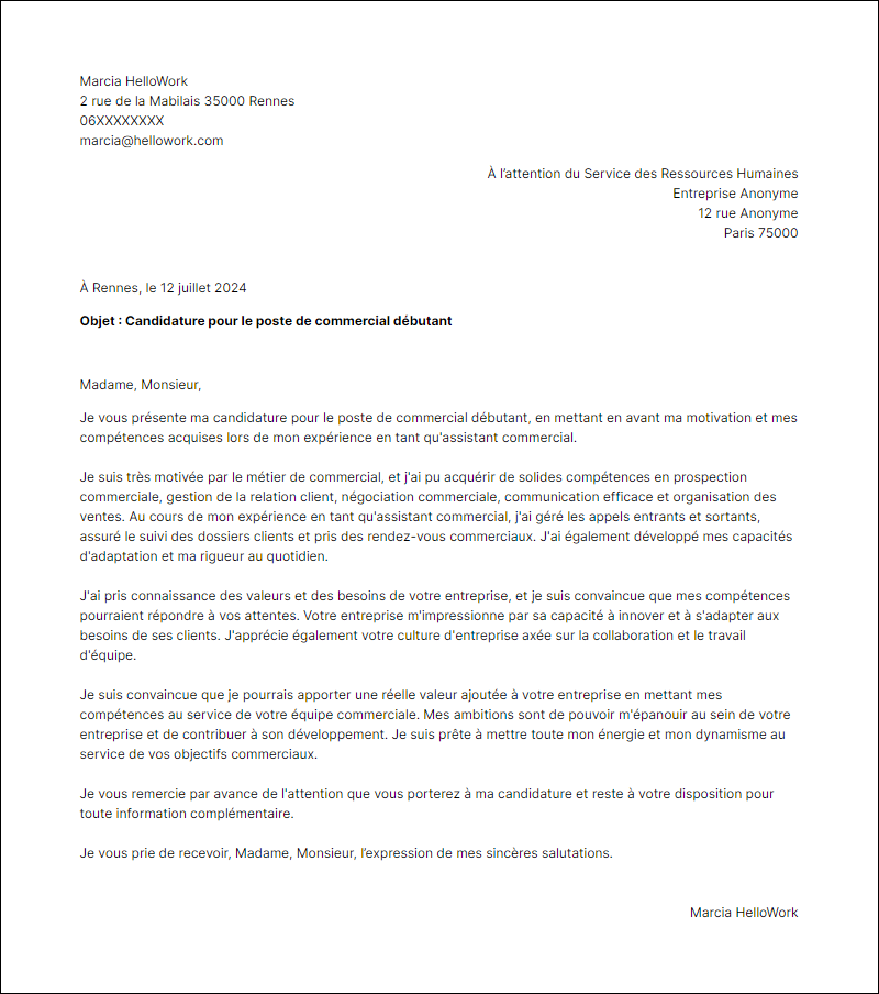 Modèle lettre de motivation en tant que Commercial Debutant Exemple lettre de motivation en tant que Commercial Debutant