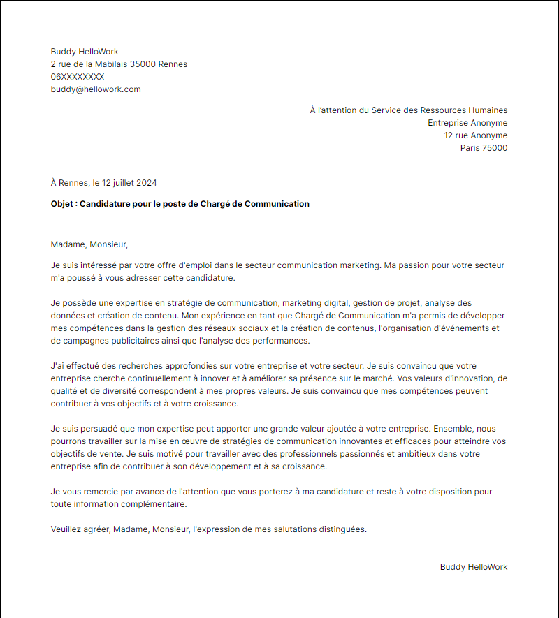Modèle lettre de motivation pour le secteur Communication marketing Exemple lettre de motivation pour le secteur Communication marketing
