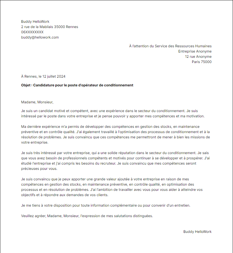 Modèle lettre de motivation pour le secteur Conditionnement Exemple lettre de motivation pour le secteur Conditionnement