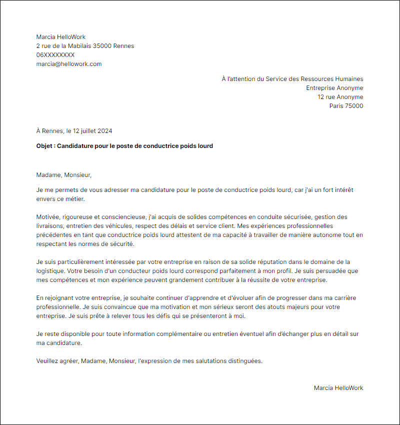 Modèle lettre de motivation en tant que Conducteur Poids Lourd Exemple lettre de motivation en tant que Conducteur Poids Lourd