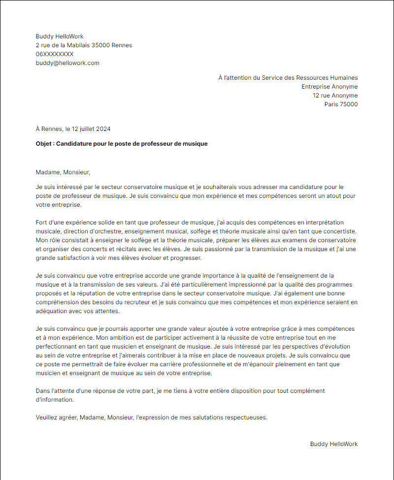 Modèle lettre de motivation pour le secteur Conservatoire musique Exemple lettre de motivation pour le secteur Conservatoire musique