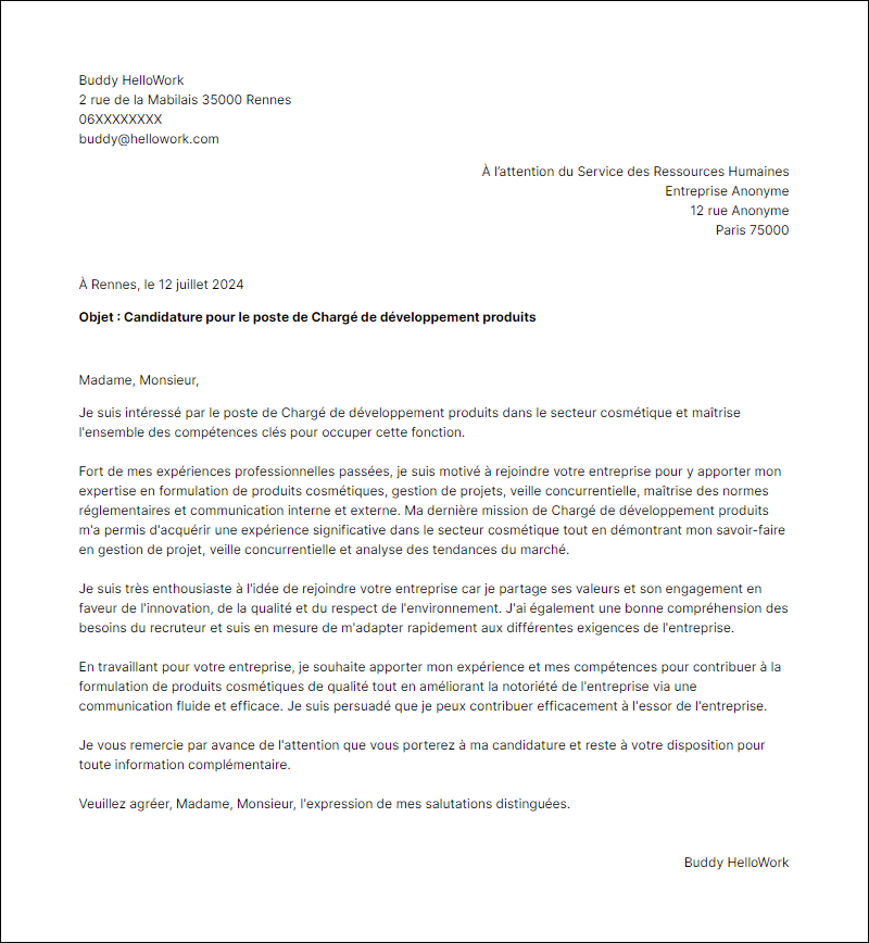 Exemple lettre de motivation pour le secteur Cosmétique