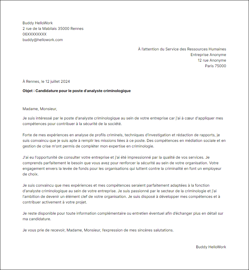 Modèle lettre de motivation pour le secteur Criminologie Exemple lettre de motivation pour le secteur Criminologie