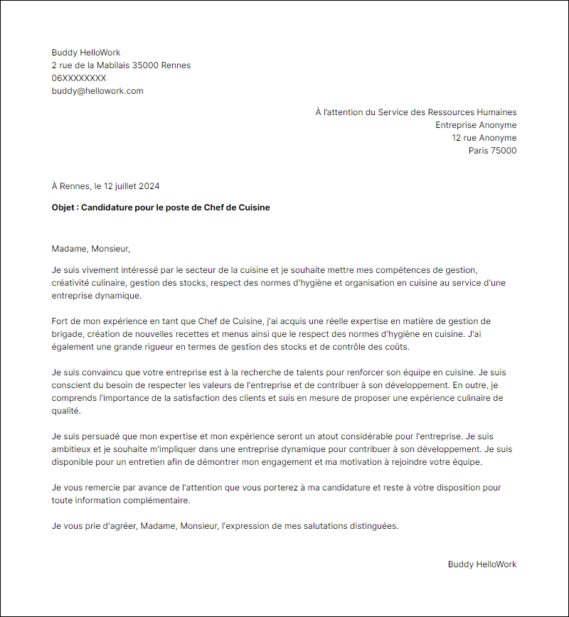 Modèle lettre de motivation pour le secteur Cuisine Exemple lettre de motivation pour le secteur Cuisine
