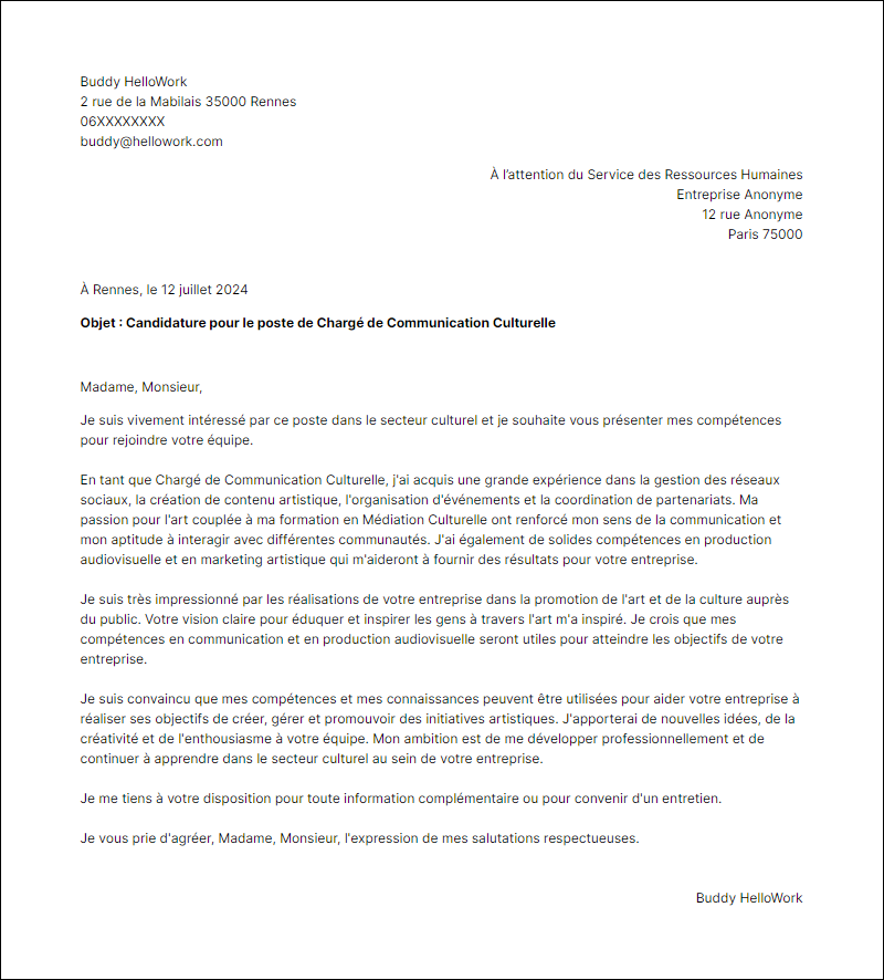 Exemple lettre de motivation pour le secteur Culturel