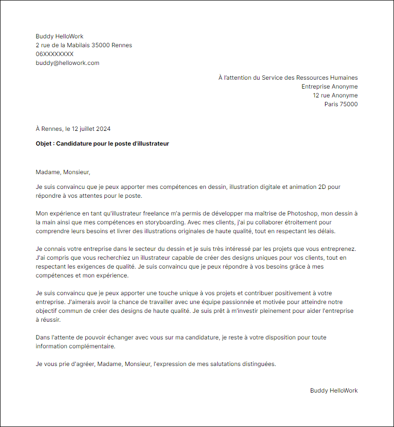 Exemple lettre de motivation pour le secteur Dessin