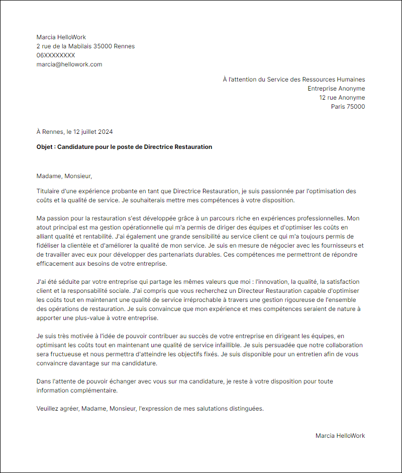 Modèle lettre de motivation en tant que Directeur Restauration Exemple lettre de motivation en tant que Directeur Restauration