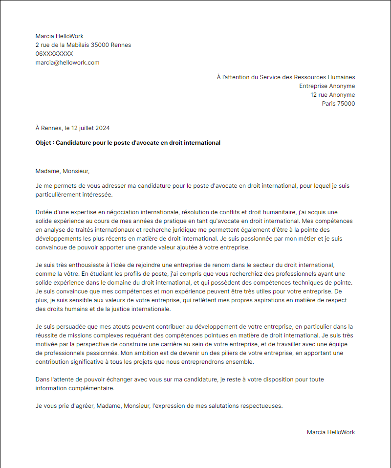 Modèle lettre de motivation pour le secteur Droit international Exemple lettre de motivation pour le secteur Droit international