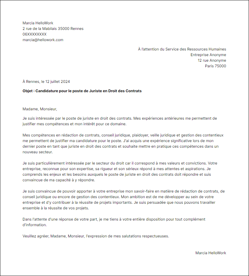 Modèle lettre de motivation pour le secteur Droit Exemple lettre de motivation pour le secteur Droit