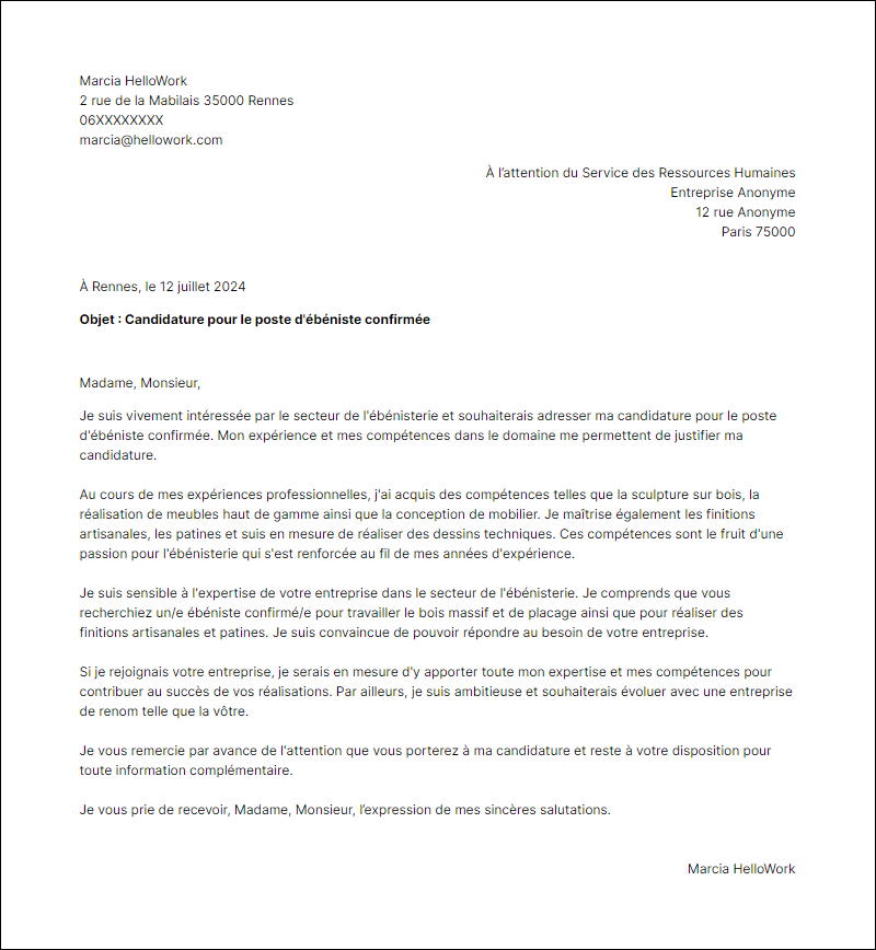Modèle lettre de motivation pour le secteur Ebenisterie Exemple lettre de motivation pour le secteur Ebenisterie