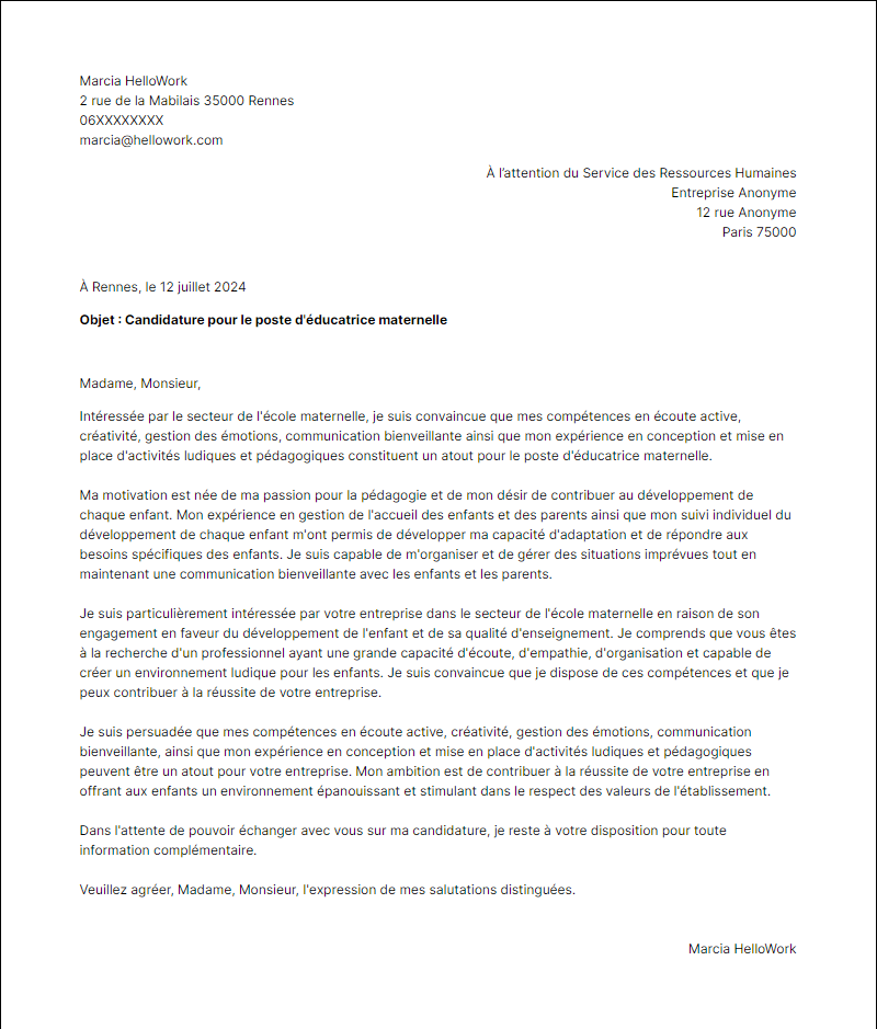 Modèle lettre de motivation pour le secteur Ecole maternelle Exemple lettre de motivation pour le secteur Ecole maternelle
