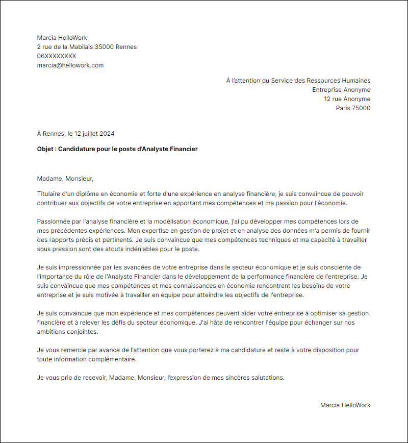 Modèle lettre de motivation pour le secteur Economie Exemple lettre de motivation pour le secteur Economie