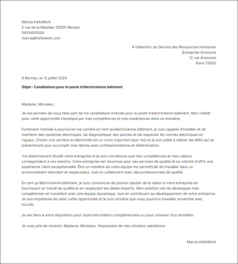 Modèle lettre de motivation en tant que Electricien Batiment Exemple lettre de motivation en tant que Electricien Batiment