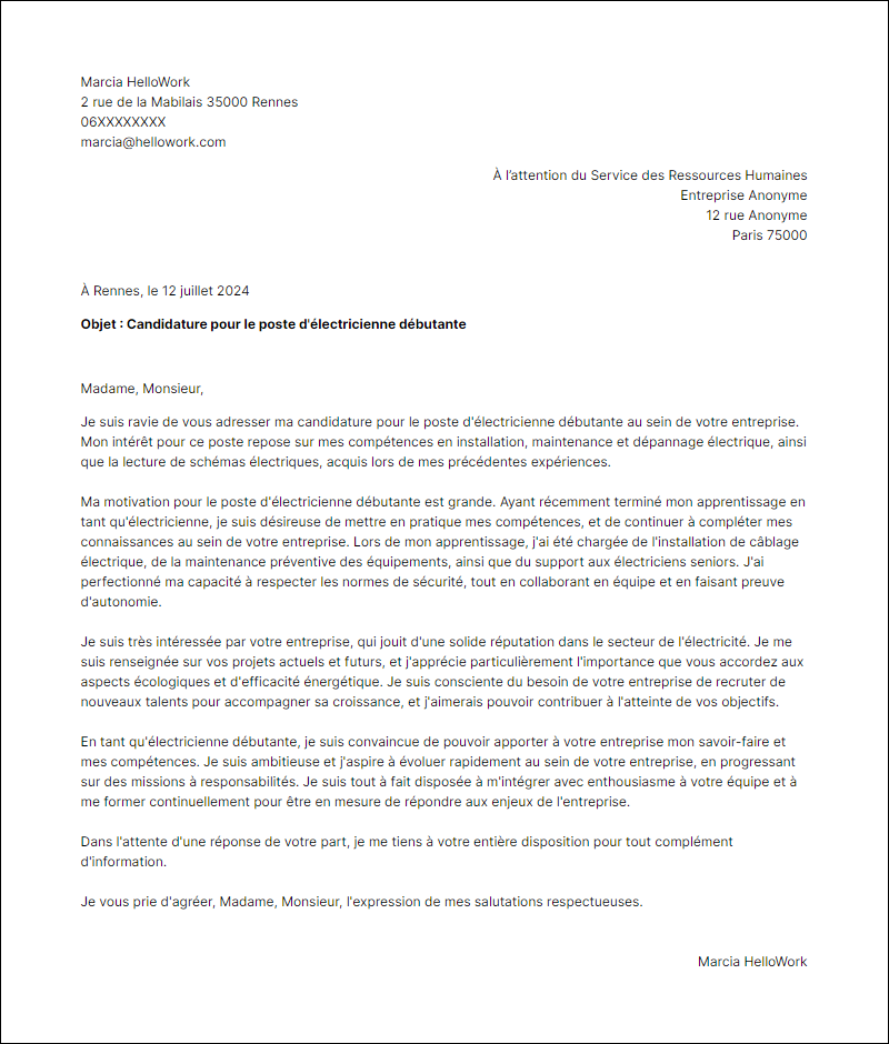 Exemple lettre de motivation en tant que Electricien debutant
