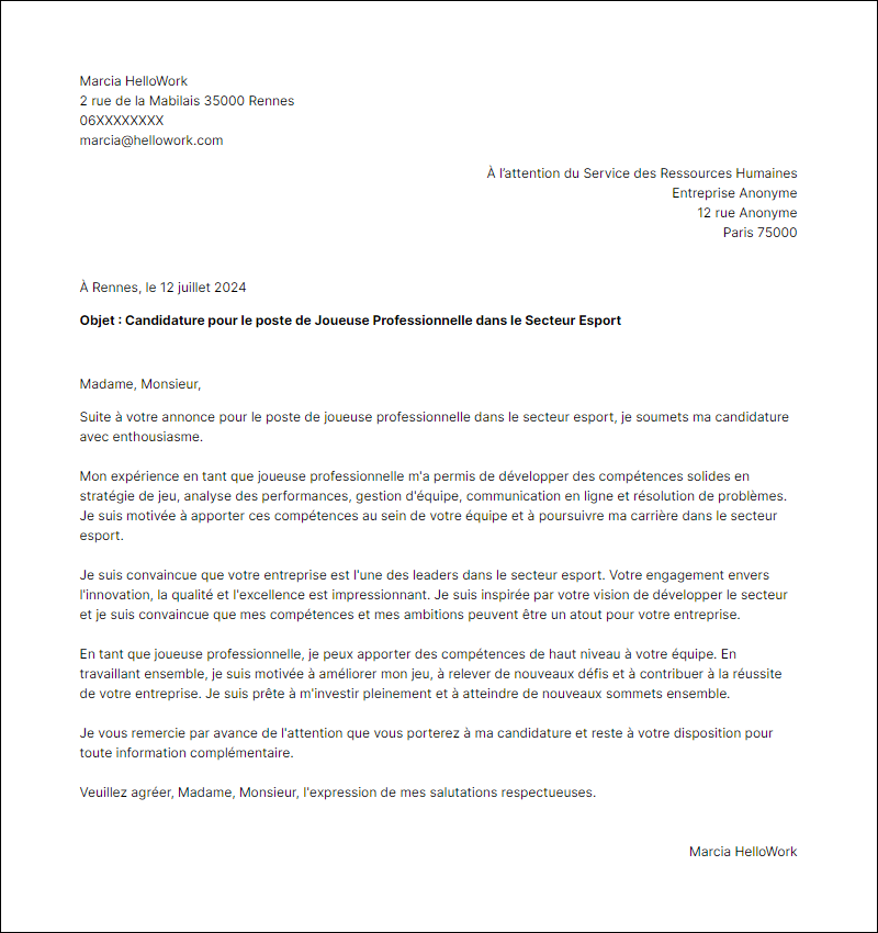 Modèle lettre de motivation pour le secteur Esport Exemple lettre de motivation pour le secteur Esport