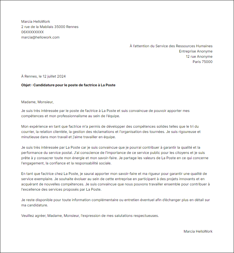 Modèle lettre de motivation en tant que Facteur la poste Exemple lettre de motivation en tant que Facteur la poste