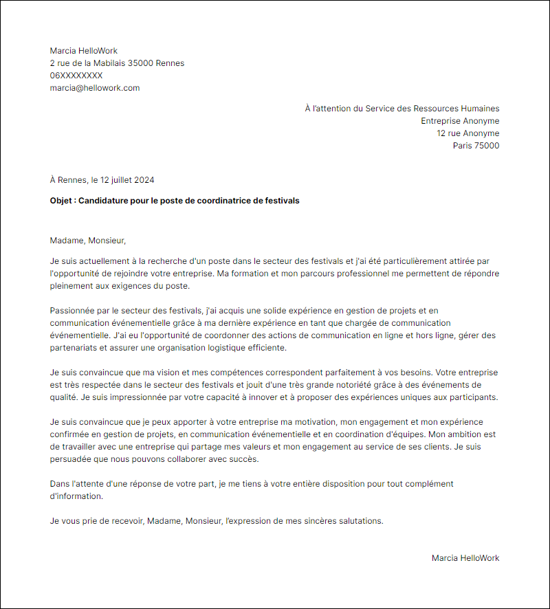 Modèle lettre de motivation pour le secteur Festival Exemple lettre de motivation pour le secteur Festival
