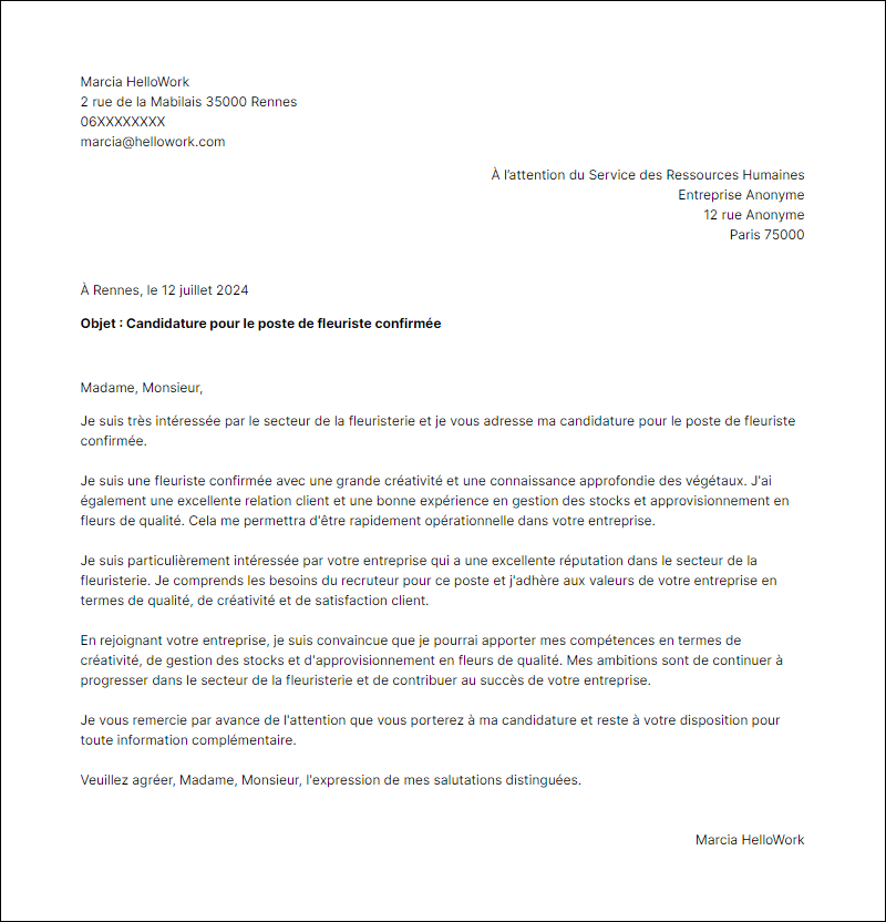 Exemple lettre de motivation pour le secteur Fleuristerie