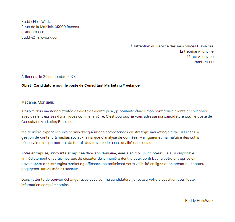 Modèle lettre de motivation Freelance Exemple lettre de motivation Freelance