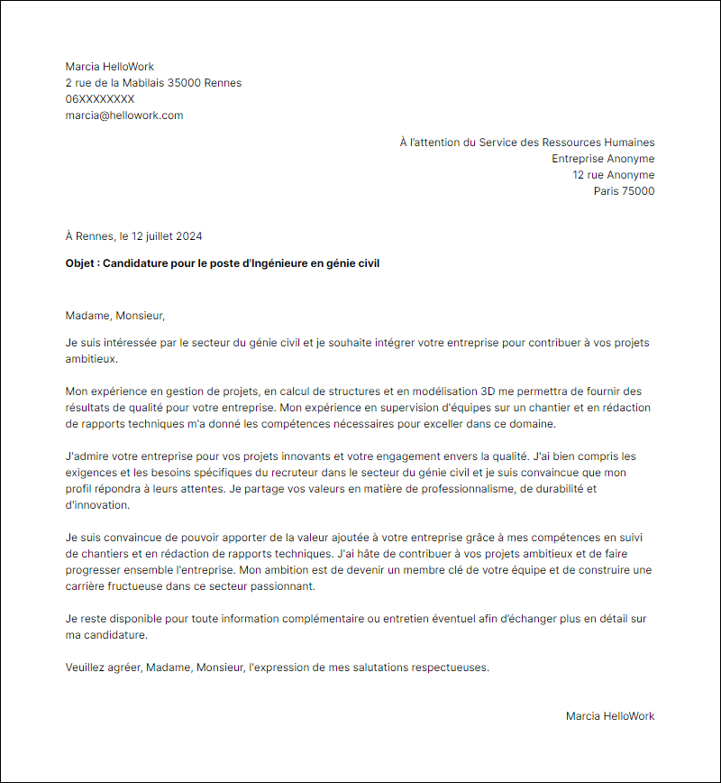 Modèle lettre de motivation pour le secteur Genie civil Exemple lettre de motivation pour le secteur Genie civil
