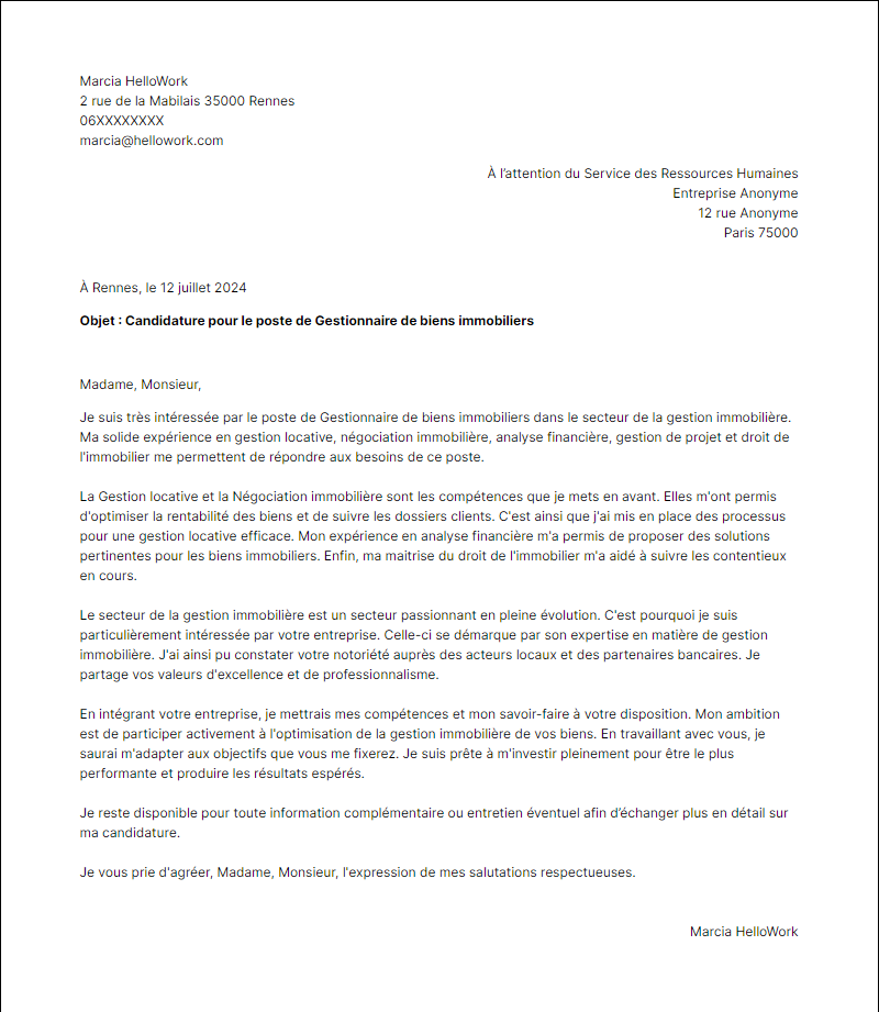 Modèle lettre de motivation pour le secteur Gestion Immobiliere Exemple lettre de motivation pour le secteur Gestion Immobiliere