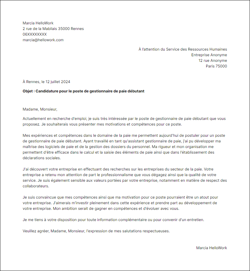 Modèle lettre de motivation en tant que Gestionnaire de paie débutant Exemple lettre de motivation en tant que Gestionnaire de paie débutant