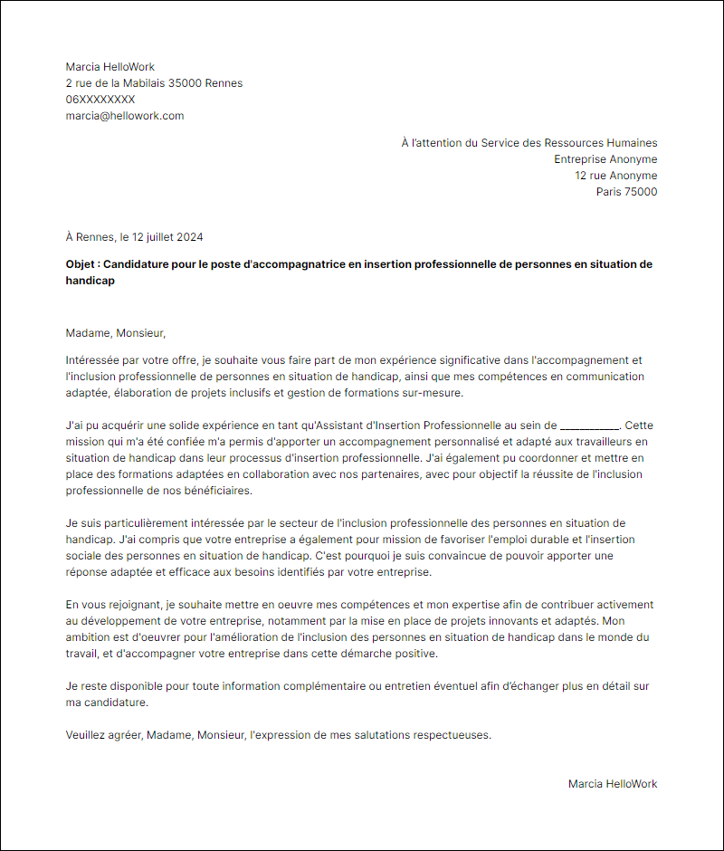 Modèle lettre de motivation pour le secteur Handicap Exemple lettre de motivation pour le secteur Handicap