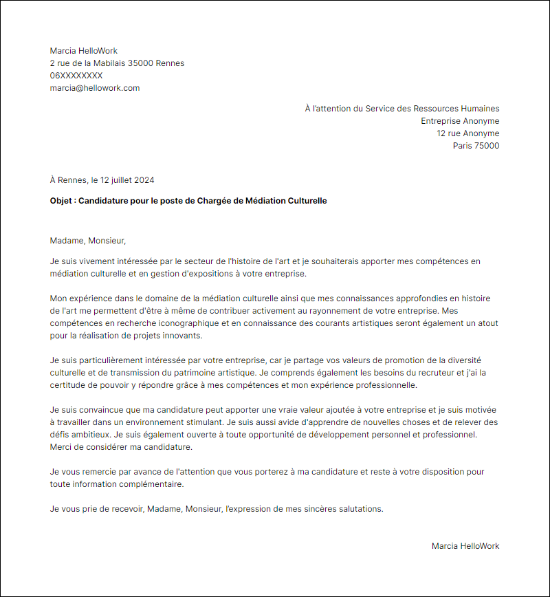 Modèle lettre de motivation pour le secteur Histoire de l'art Exemple lettre de motivation pour le secteur Histoire de l'art