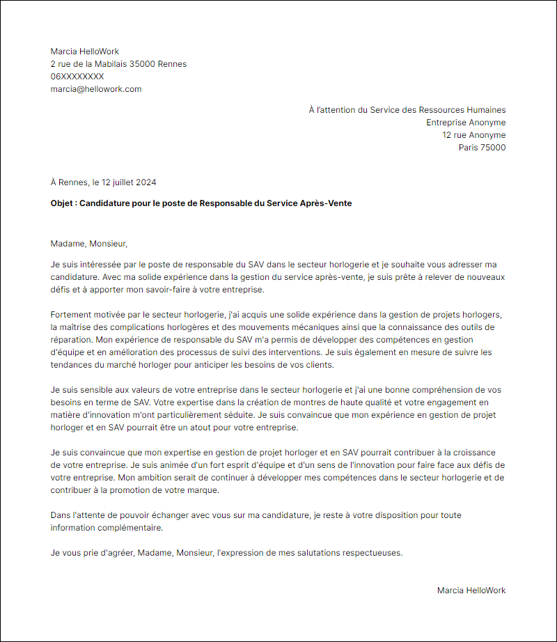 Modèle lettre de motivation pour le secteur Horlogerie Exemple lettre de motivation pour le secteur Horlogerie