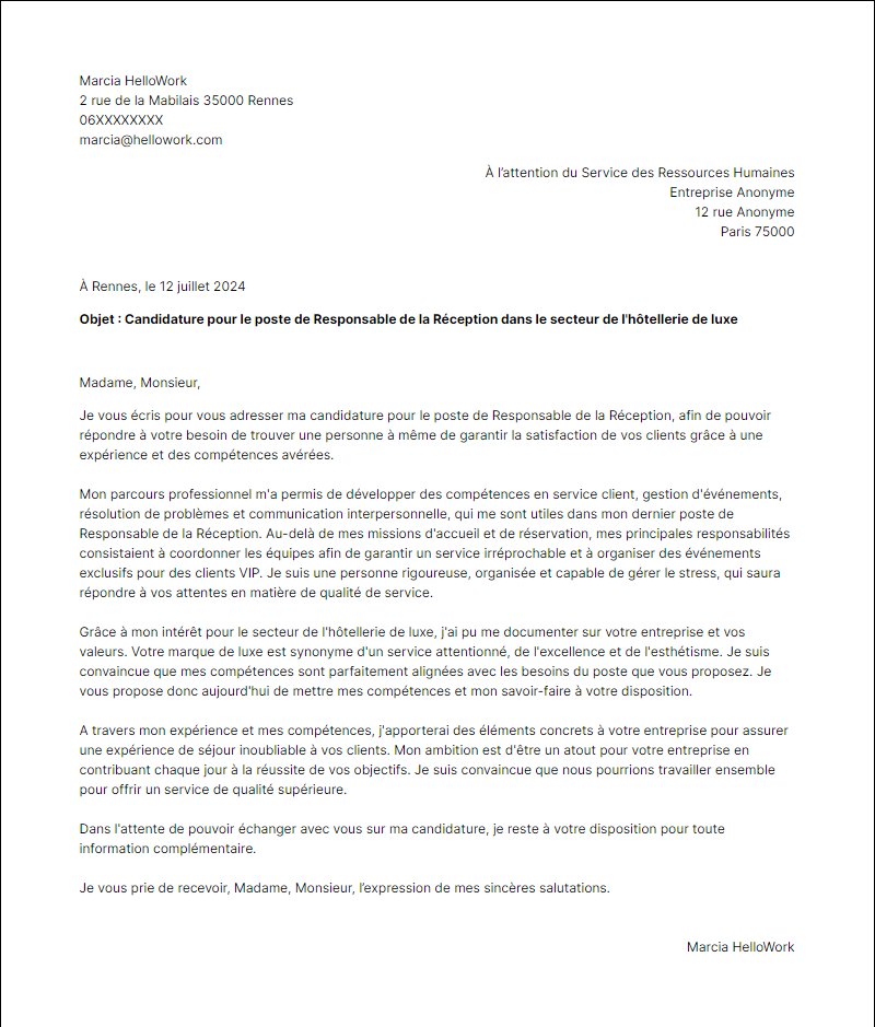 Modèle lettre de motivation pour le secteur Hotellerie de luxe Exemple lettre de motivation pour le secteur Hotellerie de luxe