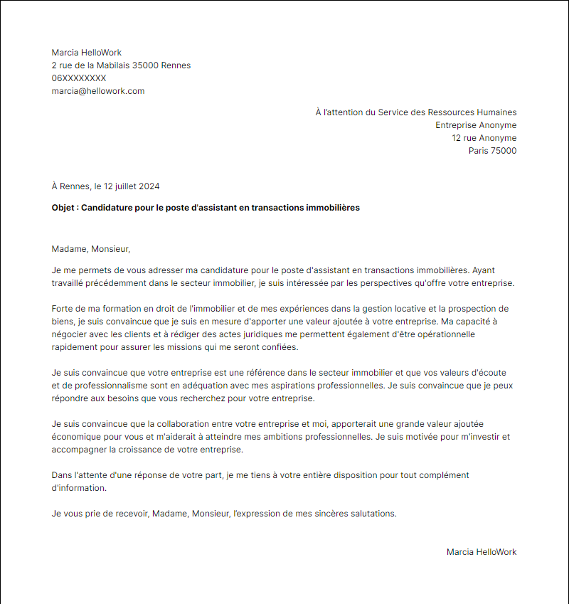 Modèle lettre de motivation pour le secteur Immobilier débutant Exemple lettre de motivation pour le secteur Immobilier débutant