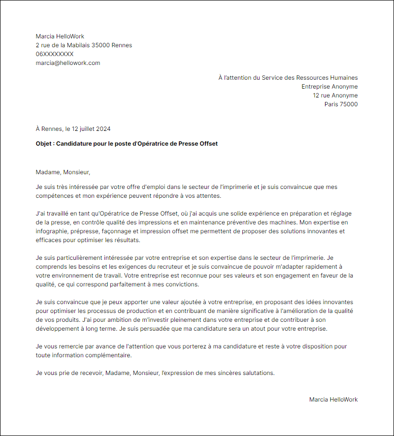 Modèle lettre de motivation pour le secteur Imprimerie Exemple lettre de motivation pour le secteur Imprimerie