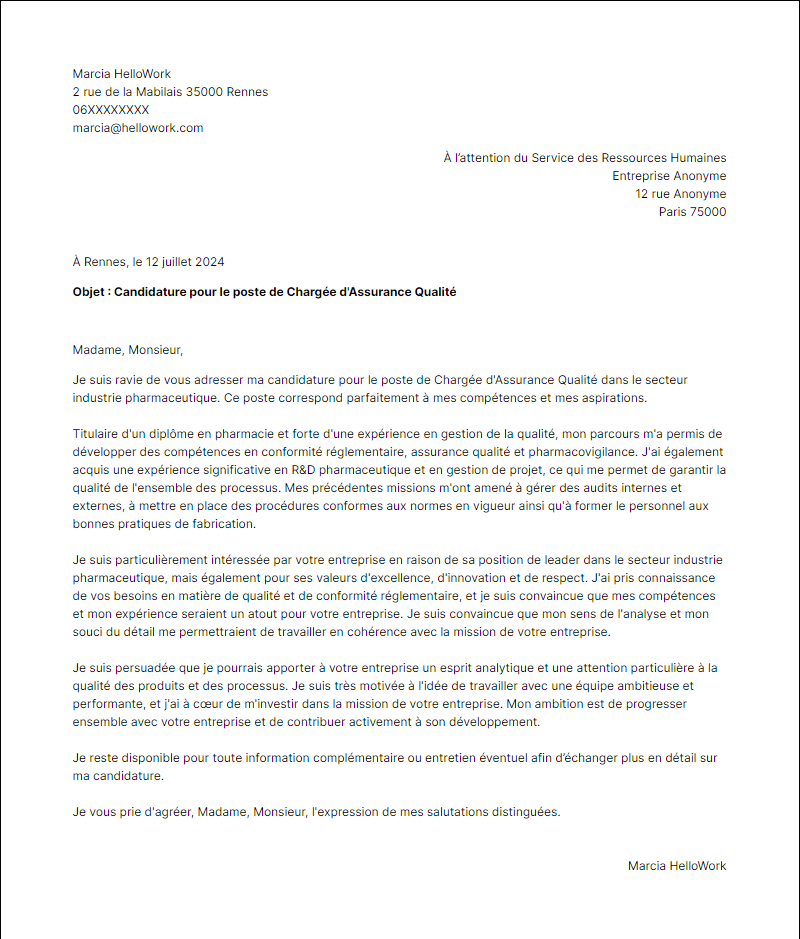 Modèle lettre de motivation pour le secteur Industrie pharmaceutique Exemple lettre de motivation pour le secteur Industrie pharmaceutique