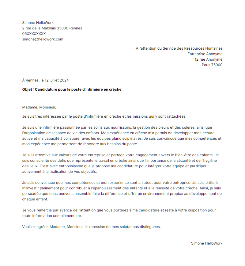 Modèle lettre de motivation en tant que Infirmiere Creche Exemple lettre de motivation en tant que Infirmiere Creche