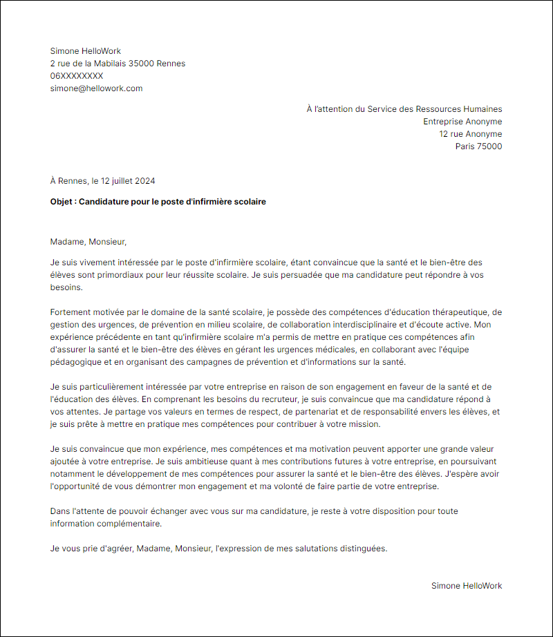 Modèle lettre de motivation en tant que Infirmiere Scolaire Exemple lettre de motivation en tant que Infirmiere Scolaire