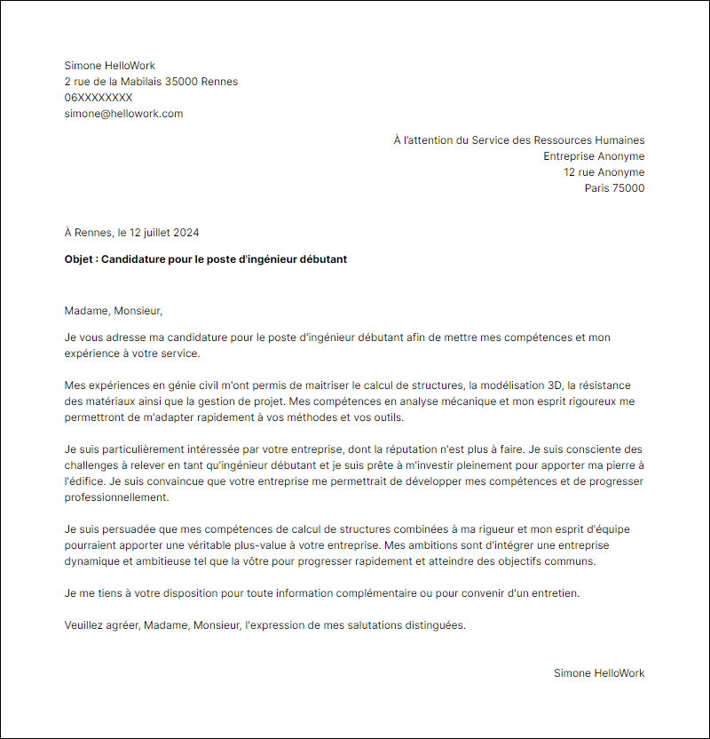 Modèle lettre de motivation en tant que Ingénieur débutant Exemple lettre de motivation en tant que Ingénieur débutant