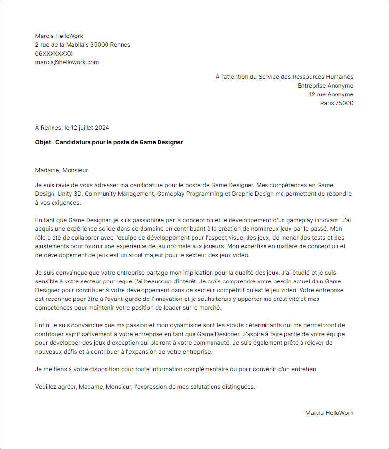 Exemple lettre de motivation pour le secteur Jeux video
