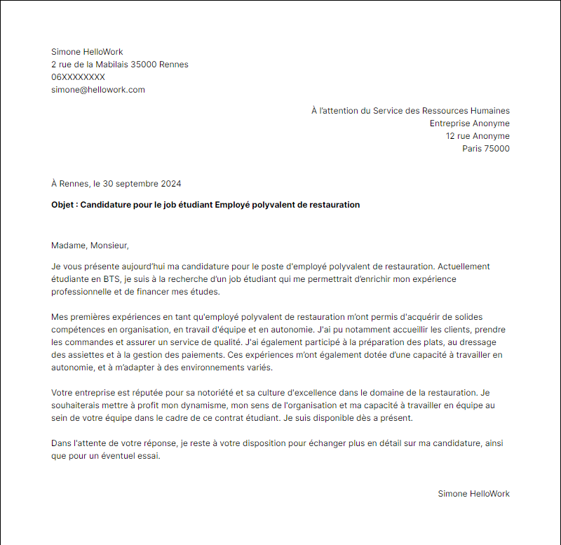 Exemple lettre de motivation Job étudiant